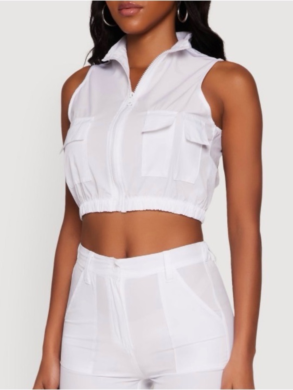 Helium White Cropped Cargo Zipper Vest with Stand Collar Size Large New
